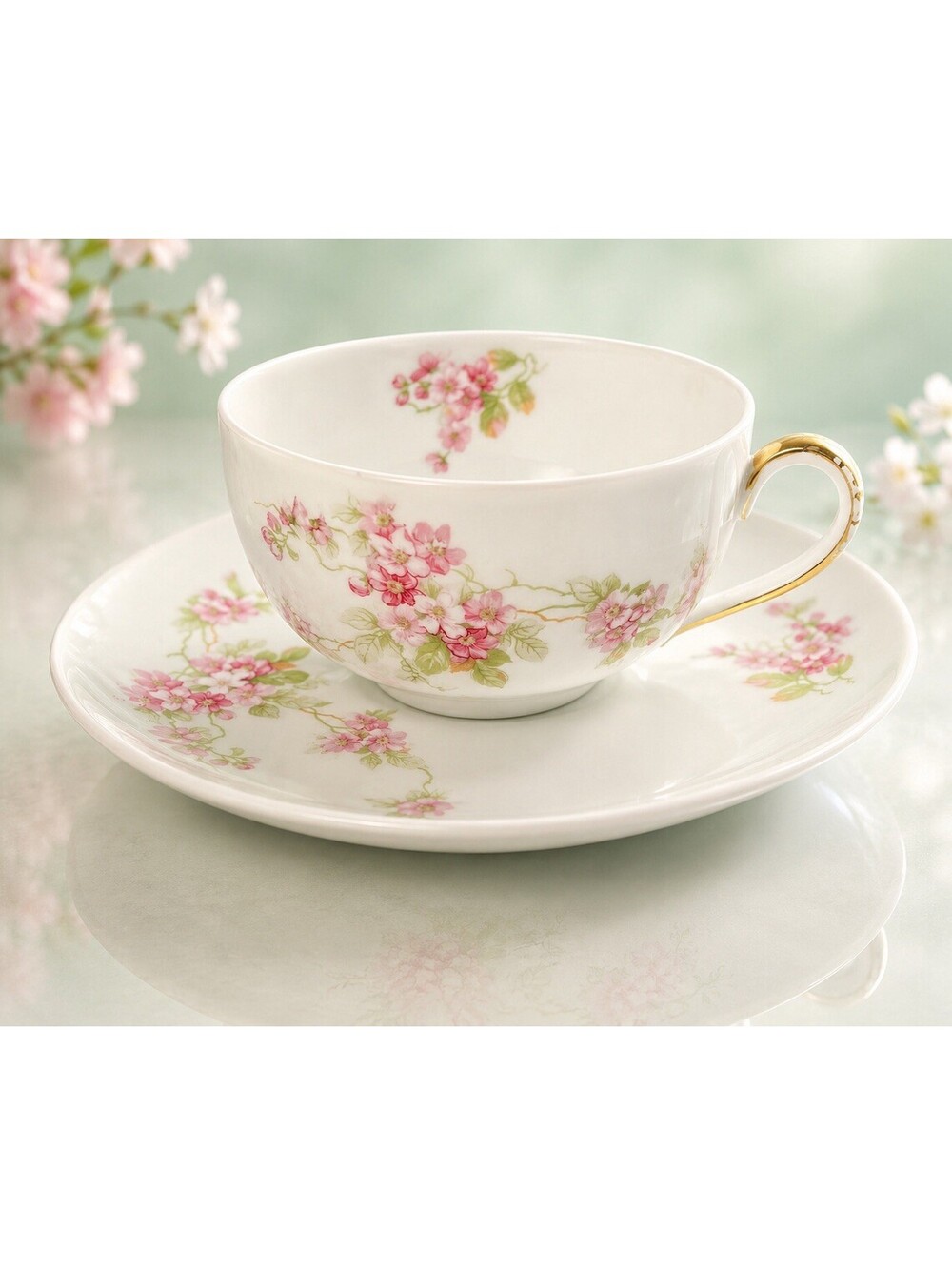 O&EG Royal Austria 1900s Roses Pink Floral Porcelain 8 Cups 7 Saucers Set